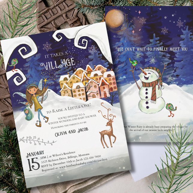 Invitation Fête de Naissance Bébé Fée de l'Hiver dans un Vill (It Takes a Village Winter Fairy Baby Shower Invitation)