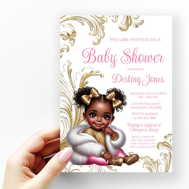 Invitation Fête de naissance bébé fille Afro glamour Rose Or (Créateur téléchargé)