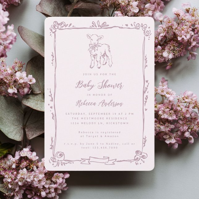 Invitation Fête de naissance bébé fille agneau de printemps D (Créateur téléchargé)