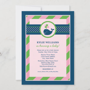 Invitation Fête de Naissance Bébé Fille Baleine Rose Navy Mar