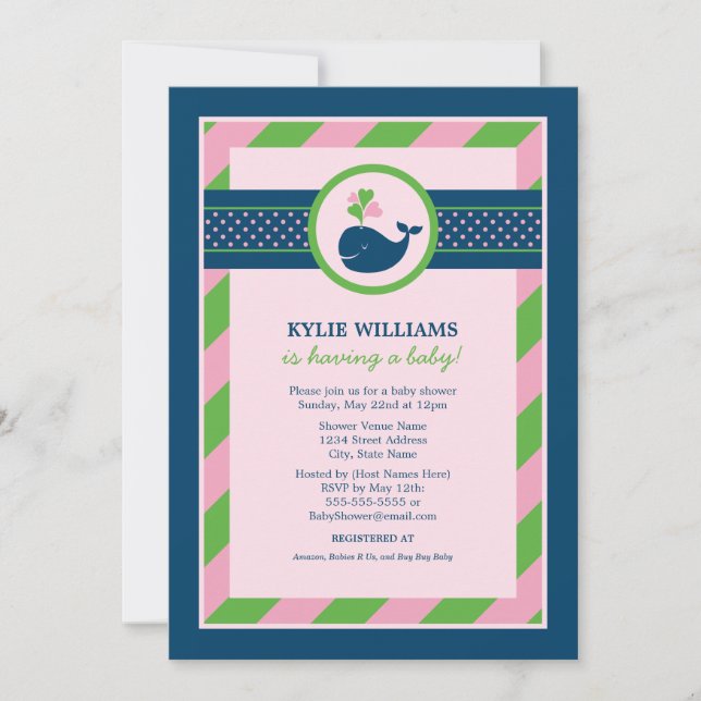Invitation Fête de Naissance Bébé Fille Baleine Rose Navy Mar (Devant)