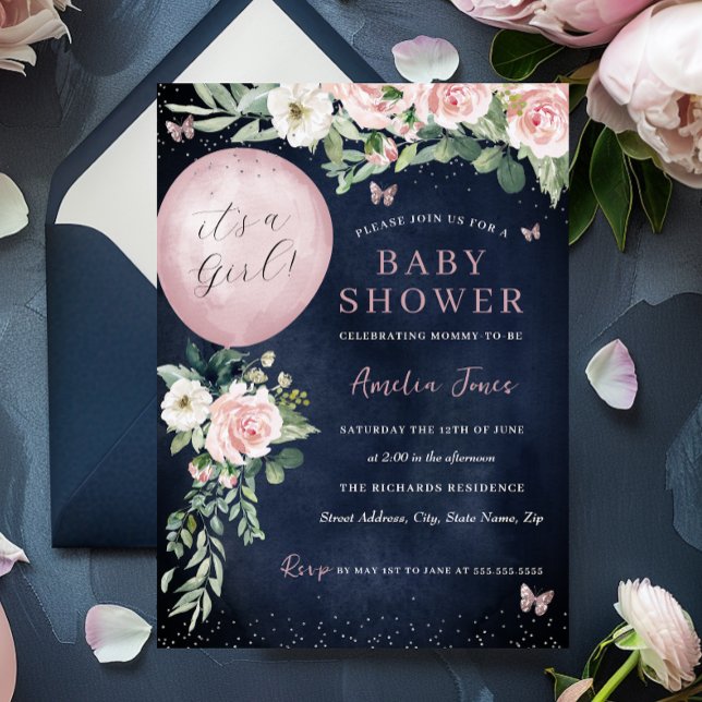 Invitation Fête de naissance Bébé Fille Ballon Rose Navy (Créateur téléchargé)