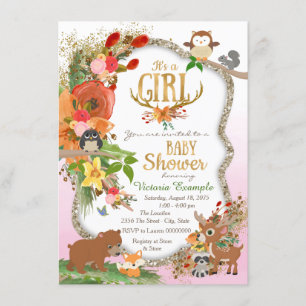 Invitation Fête de naissance bébé fille bois de cerf