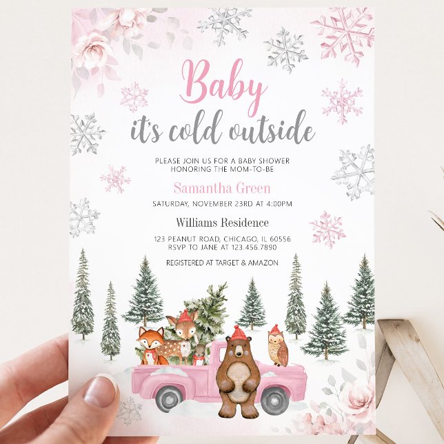 Invitation Fête de naissance Bébé Fille Bois hivernal Rose (Créateur téléchargé)