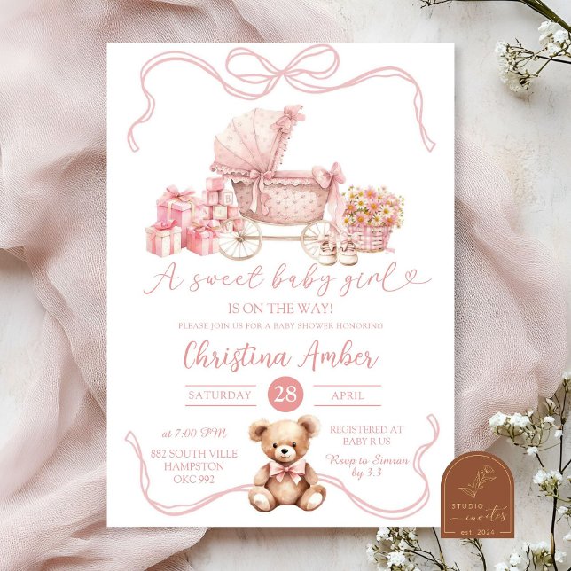Invitation Fête de naissance Bébé Fille Calèche Rose (Créateur téléchargé)