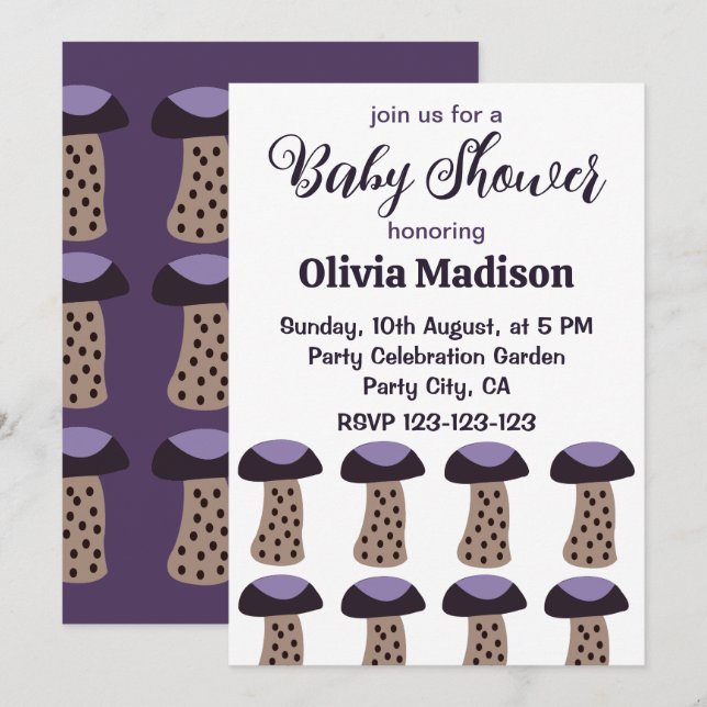 Invitation Fête de naissance Bébé Fille Champignon Violet (Devant / Derrière)