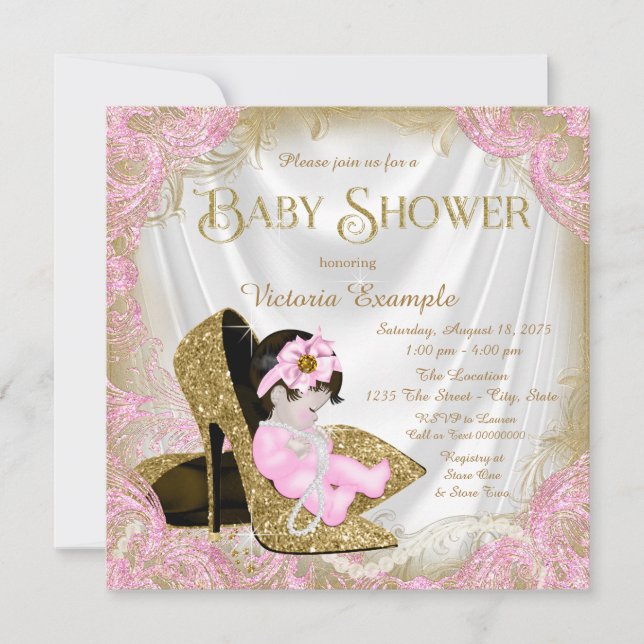 Invitation Fête de naissance bébé fille chaussure à paillette (Devant)