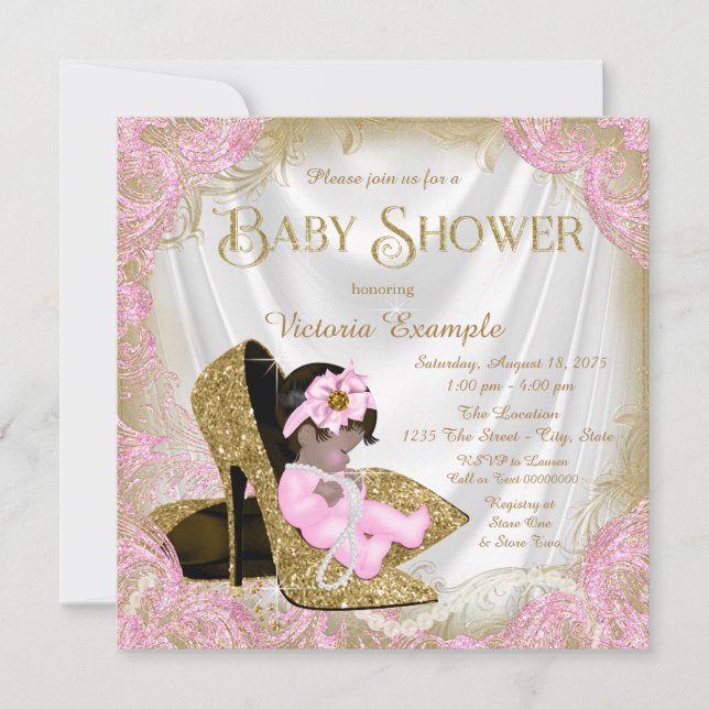 Invitation Fête de naissance bébé fille chaussure à paillette (Devant)