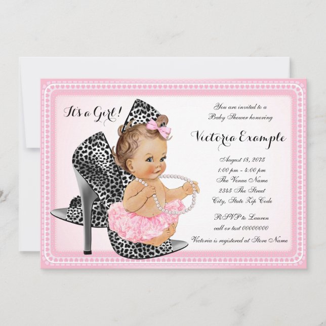 Invitation Fête de Naissance Bébé Fille Chaussure à Talon Ros (Devant)