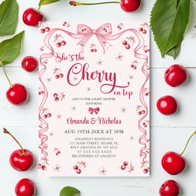 Invitation Fête de naissance bébé fille Cherry Top Rose  (Créateur téléchargé)