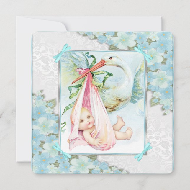 Invitation Fête de naissance Bébé Fille Cigogne Rose et Bleu  (Devant)