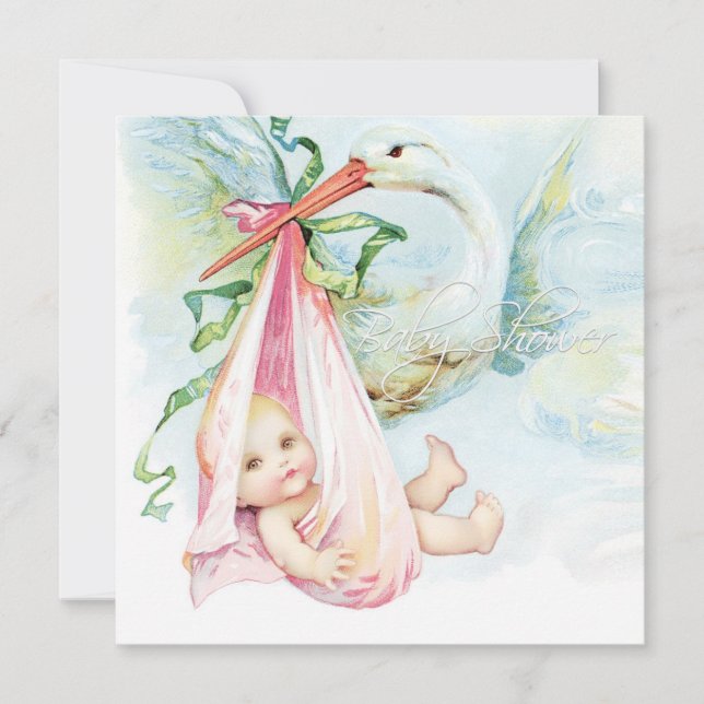 Invitation Fête de naissance Bébé Fille Cigogne Rose et Bleu  (Devant)
