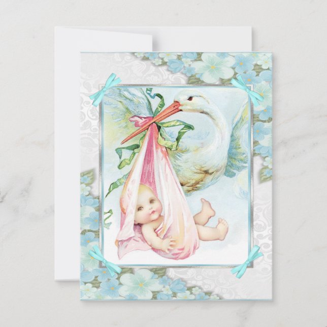 Invitation Fête de naissance Bébé Fille Cigogne Rose et Bleu  (Devant)