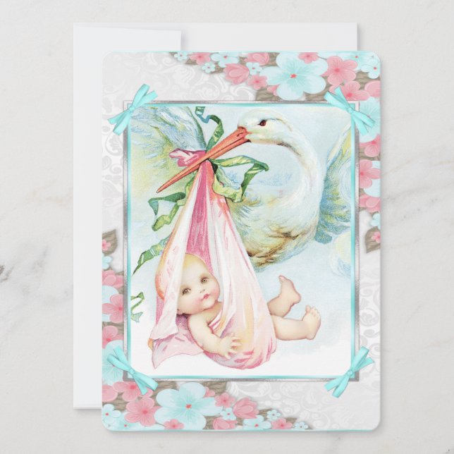 Invitation Fête de naissance Bébé Fille Cigogne Rose et Bleu  (Devant)