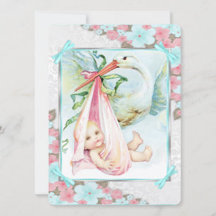 Invitation Fête de naissance Bébé Fille Cigogne Rose et Bleu