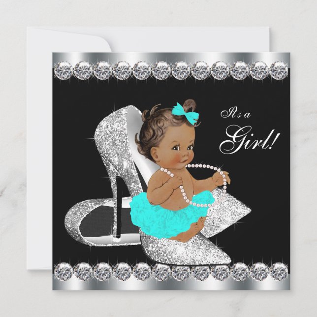 Invitation Fête de Naissance Bébé Fille Diamant Sarcelle Bleu (Devant)