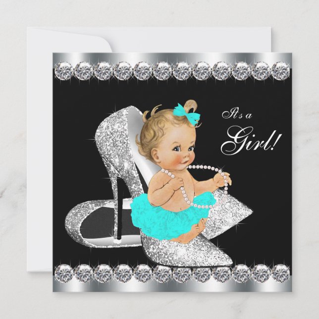 Invitation Fête de Naissance Bébé Fille Diamant Sarcelle Bleu (Devant)