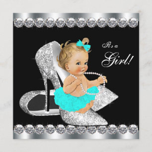 Invitation Fête de Naissance Bébé Fille Diamant Sarcelle Bleu
