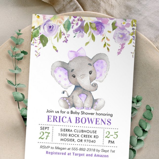 Invitation Fête de naissance bébé fille éléphant lilas lavand (Créateur téléchargé)