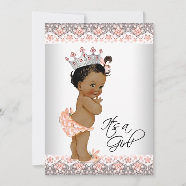 Invitation Fête de naissance bébé fille ethnique pêche et gri (Devant)