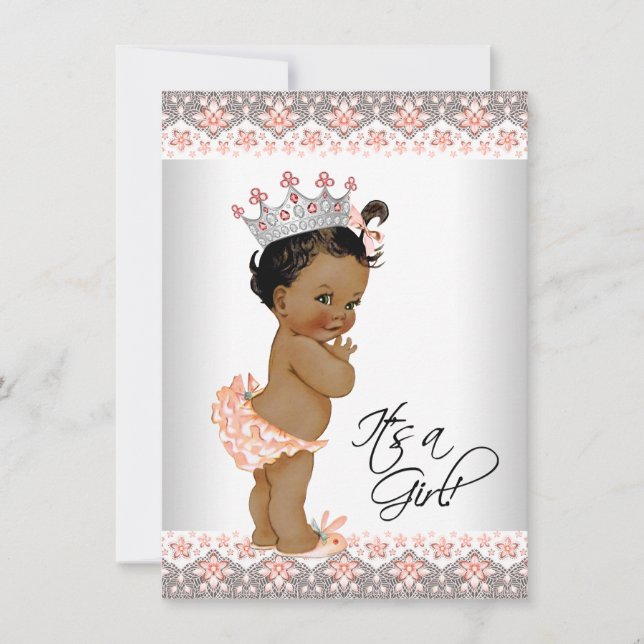 Invitation Fête de naissance bébé fille ethnique pêche et gri (Devant)