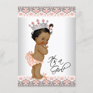 Invitation Fête de naissance bébé fille ethnique pêche et gri