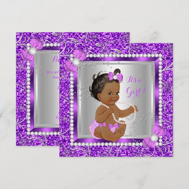 Invitation Fête de Naissance Bébé Fille Ethnique Violet Argen (Devant / Derrière)