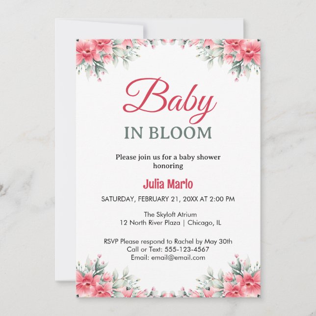 Invitation Fête de naissance bébé fille fleurs de lys Baby in (Devant)