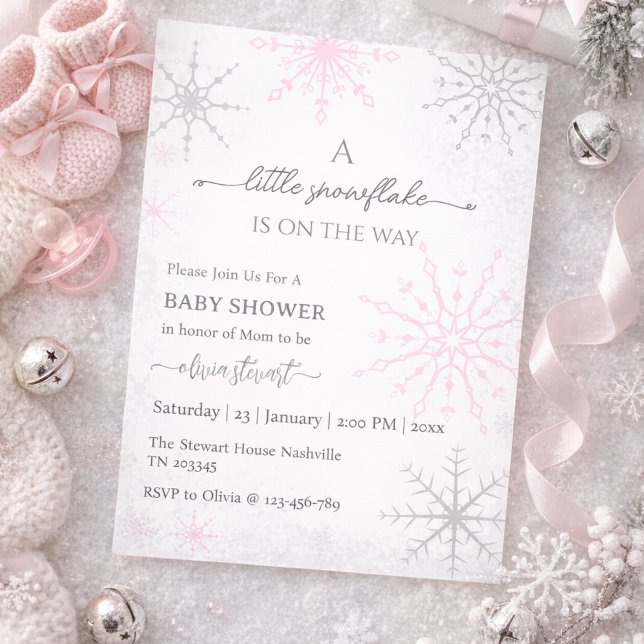 Invitation Fête de naissance bébé fille flocon de neige rose  (Créateur téléchargé)