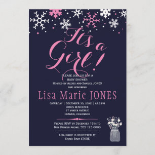 Invitation Fête de naissance bébé fille flocons de neige rose