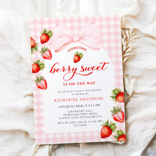 Invitation Fête de naissance Bébé Fille Fraise Douce Ruban Ro