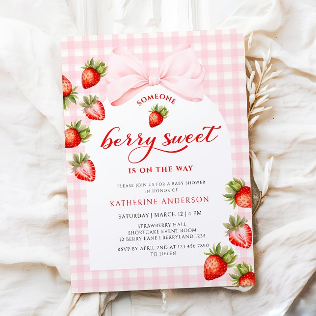 Invitation Fête de naissance Bébé Fille Fraise Douce Ruban Ro (Créateur téléchargé)