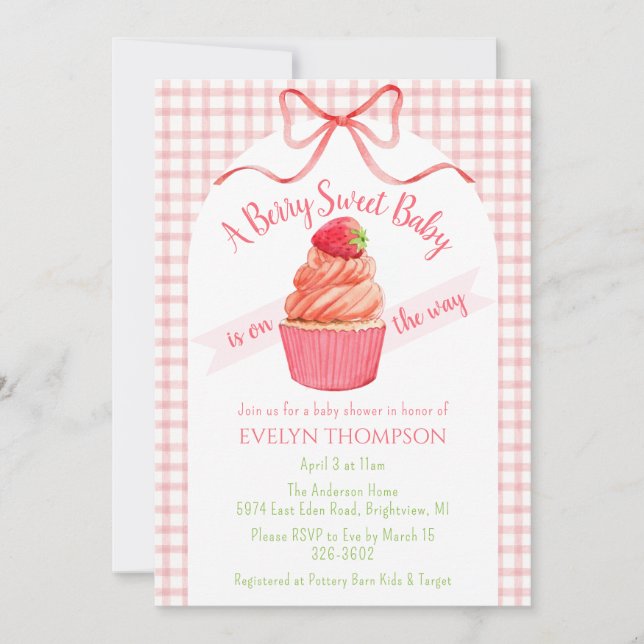 Invitation Fête de naissance Bébé Fille Gingham Rouge 007 (Devant)