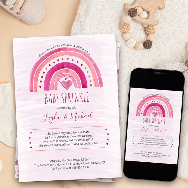 Invitation Fête de Naissance Bébé Fille Lavis Aquarelle Rose  (Girls baby sprinkle invitation with cute and simple rainbow and love hearts theme)