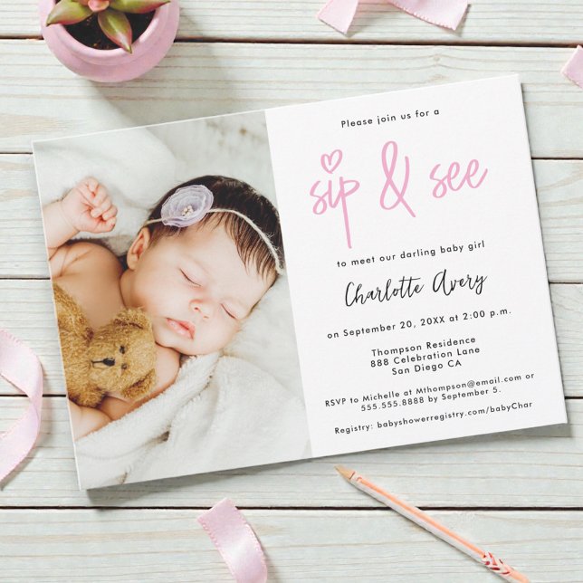 Invitation Fête de naissance bébé fille personnalisée avec ph (Sip and see custom baby girl minimalist design with photo.)
