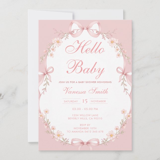 Invitation Fête de naissance Bébé Fille Rose Bonjour  (Devant)