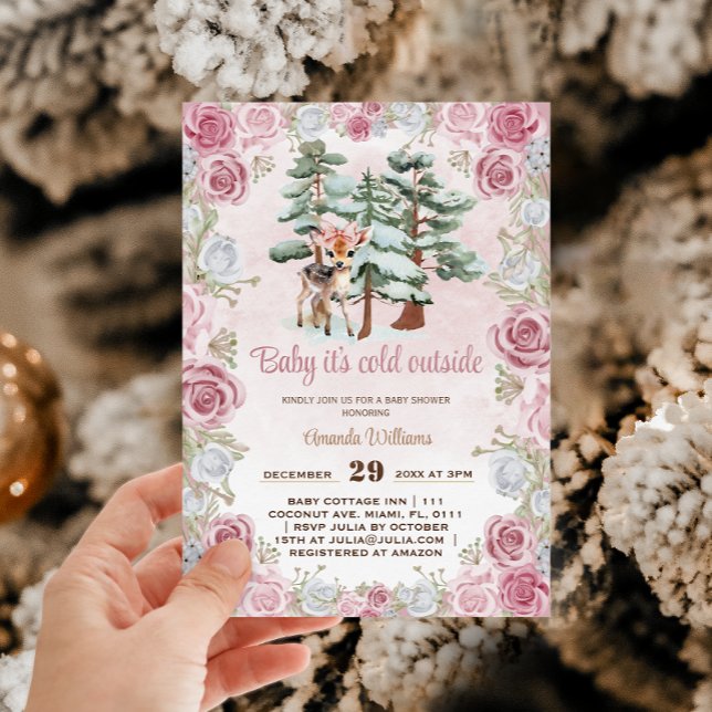 Invitation Fête de naissance Bébé Fille Rose Cerf  (Créateur téléchargé)
