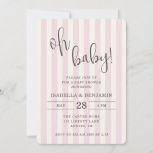 Invitation Fête de naissance Bébé Fille Rose et Crème Rayée
