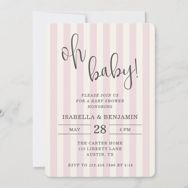 Invitation Fête de naissance Bébé Fille Rose et Crème Rayée (Devant)