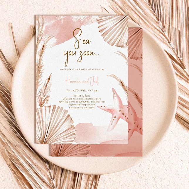 Invitation Fête de Naissance Bébé Fille Rose Océan Été Vous V (Créateur téléchargé)