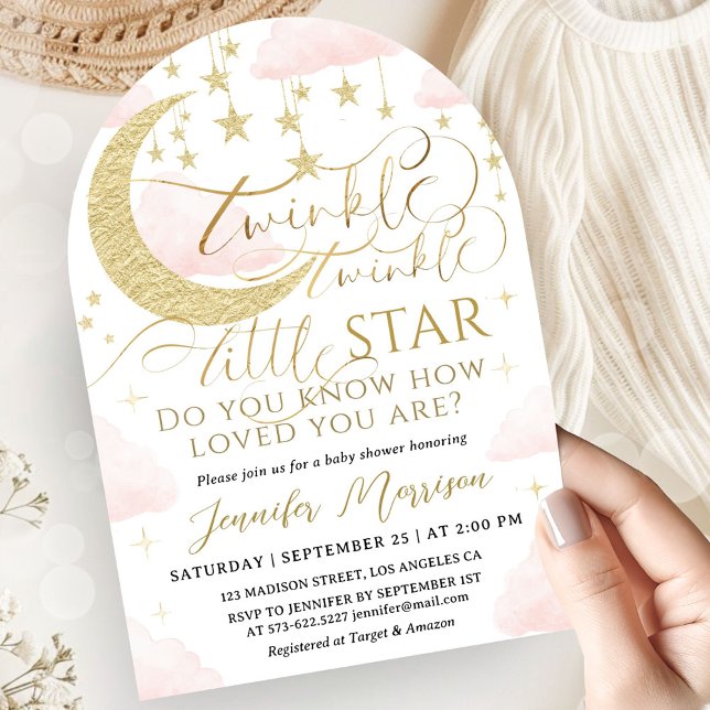 Invitation Fête de Naissance Bébé Fille Rose Or Arc Céleste (Créateur téléchargé)