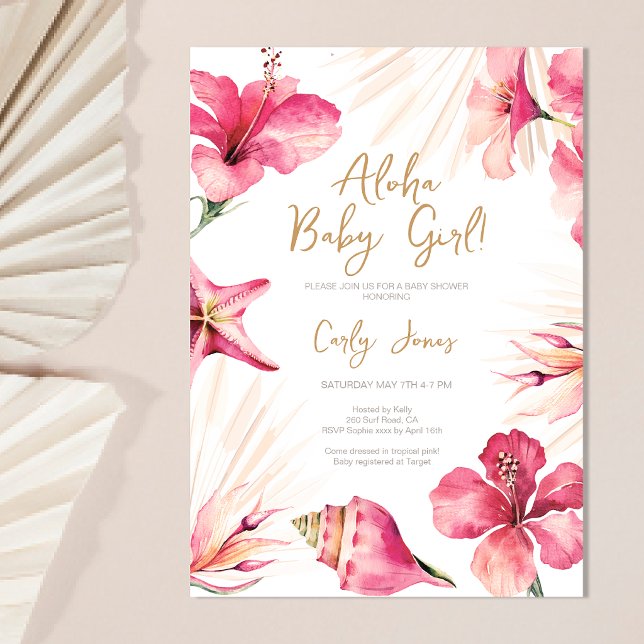 Invitation Fête de naissance Bébé Fille Rose Tropicale Hibisc (Créateur téléchargé)