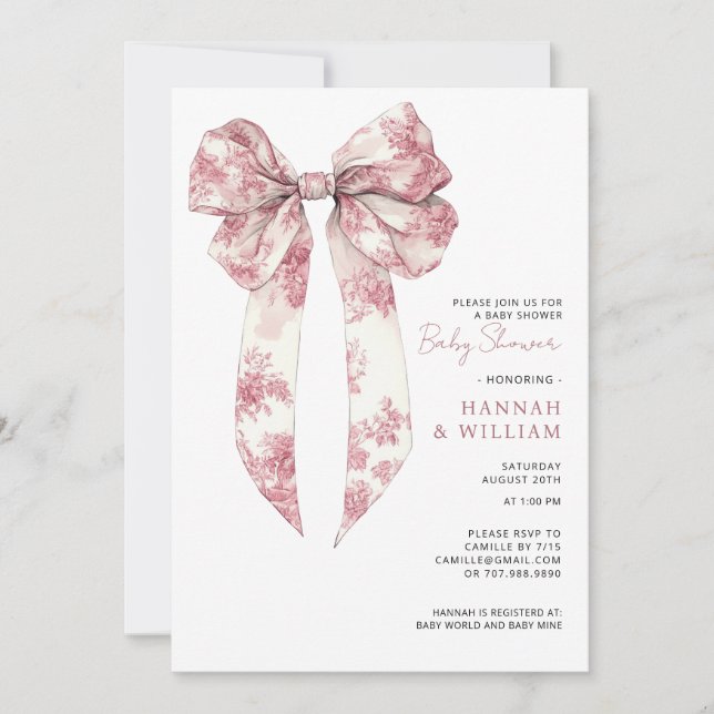 Invitation Fête de Naissance Bébé Fille Ruban Coquette Toile  (Devant)