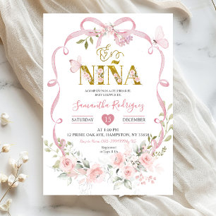Invitation Fete de Naissance Bébé Fille Ruban Floral Rose Coq