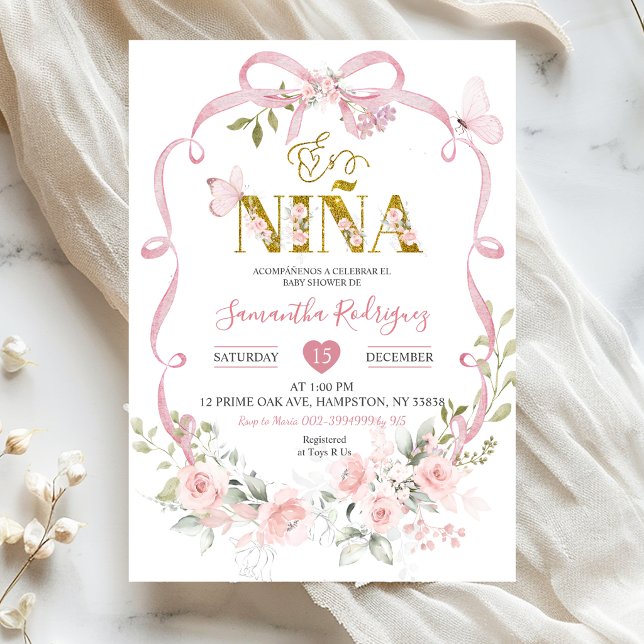 Invitation Fete de Naissance Bébé Fille Ruban Floral Rose Coq (Créateur téléchargé)