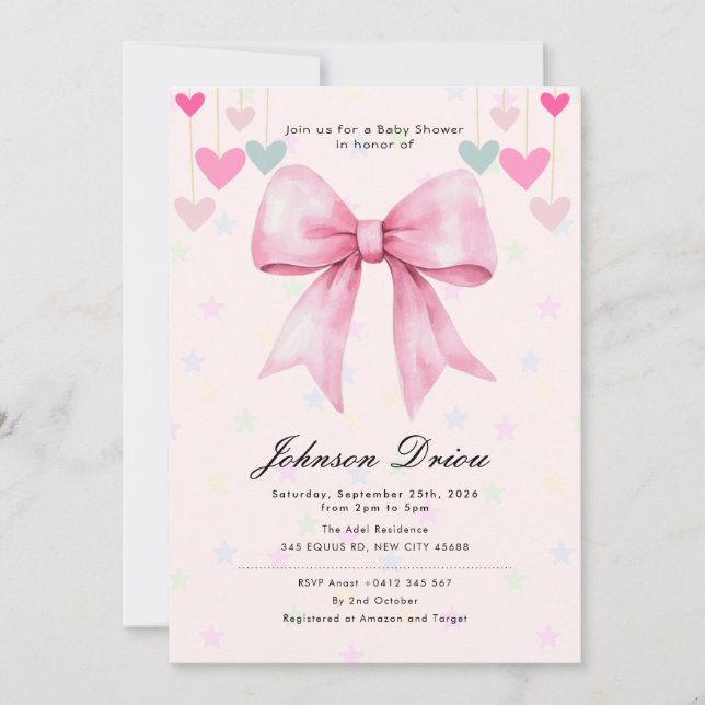 Invitation Fête de naissance bébé fille Ruban Rose | Aquarell (Devant)