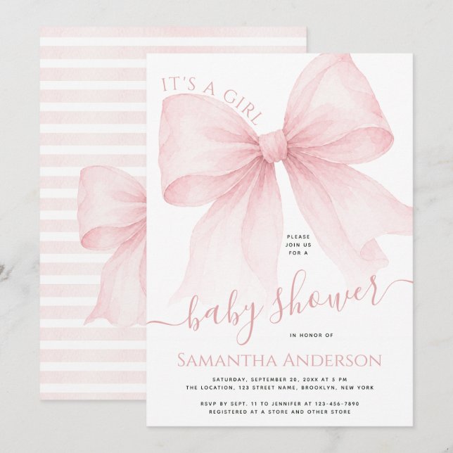 Invitation Fête de Naissance Bébé Fille Ruban Rose Coquette (Devant / Derrière)