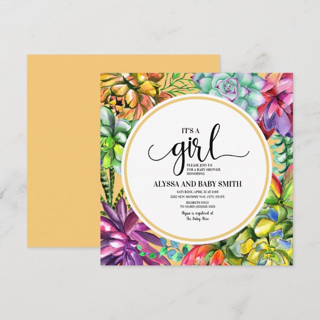 Invitation Fête de naissance Bébé Fille Succulentes Jaune Tur (Devant / Derrière)