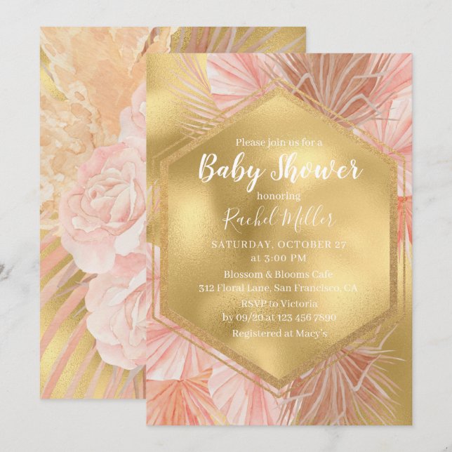 Invitation Fête de naissance bébé fille tropical rose et or (Devant / Derrière)