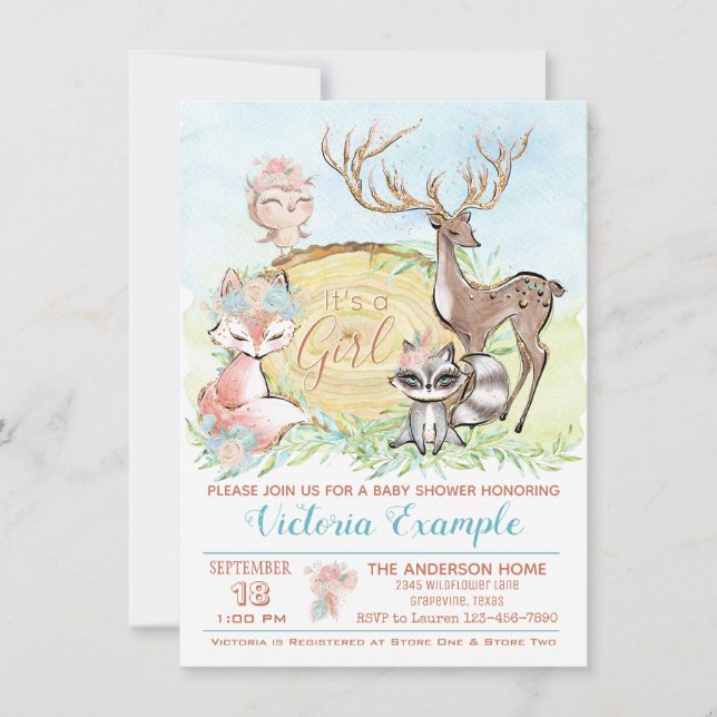 Invitation Fête de naissance Bébé Filles Amies de la Forêt (Devant)